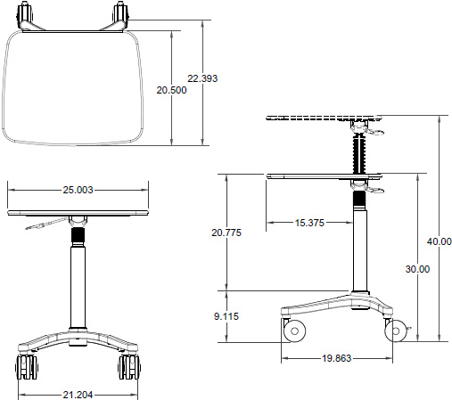 Technical Drawing for Ergotron ZAL25CG/CG4 Anthro Zido 25 Height Adjustable Cart, Light Load