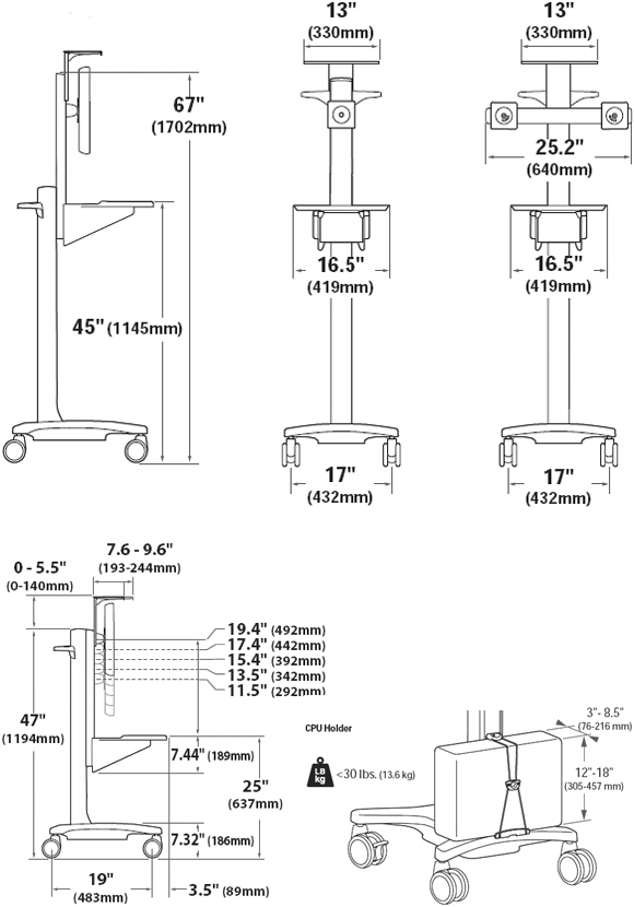 Technical Drawing for Ergotron 24-189-055 Neo-Flex WideView WorkSpace Cart