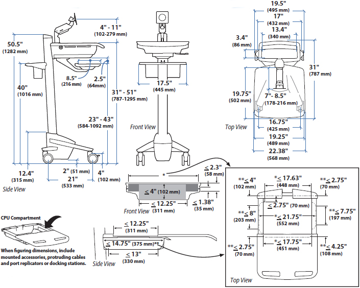 Technical Drawing for Ergotron SV41-6200-0 StyleView Cart with LCD Arm