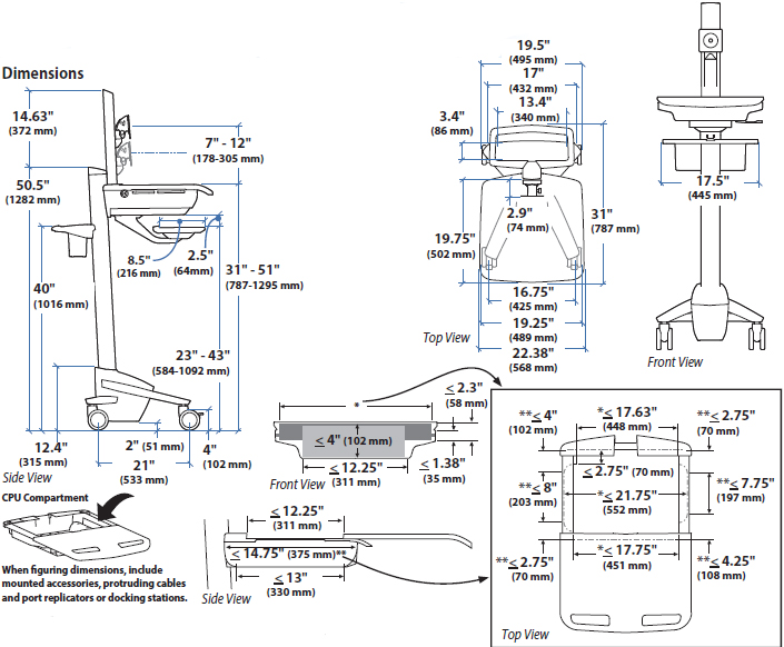 Technical Drawing for Ergotron SV41-6300-0 StyleView Cart with LCD Pivot