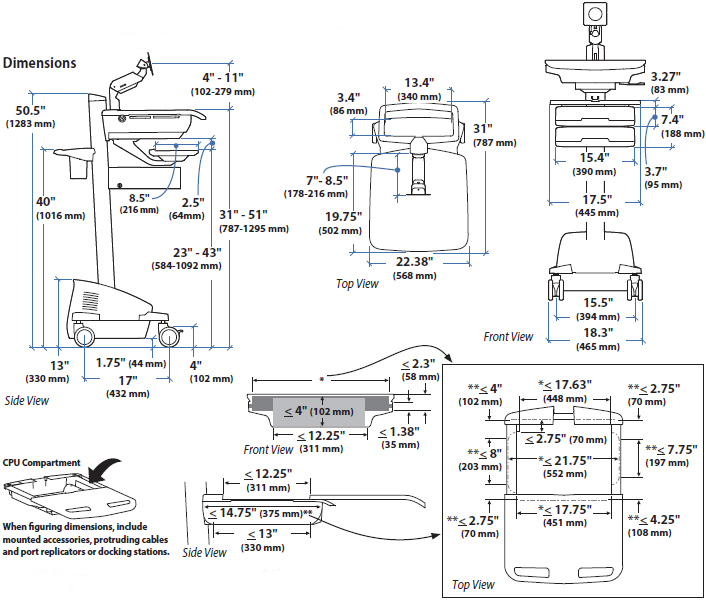 Technical Drawing for Ergotron SV44-1262-1 SV Cart w/ LCD Arm, LiFe Powered, 6 Drawers