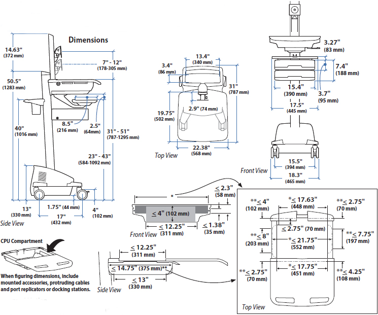 Technical Drawing for Ergotron SV44-57E1-1 SV Telepresence Cart, Back-to-Back, Powered