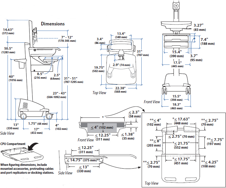 Technical Drawing for Ergotron SV44-1361-1 SV Cart with LCD Pivot, SLA Powered, 6 Drawer