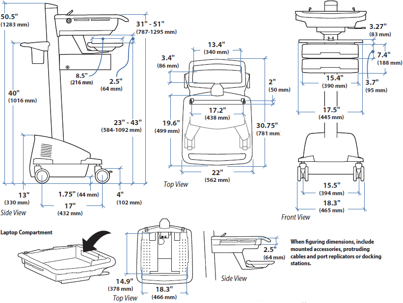 Technical drawig for Ergotron SV44-1162-1 SV Laptop Cart, LiFe Powered, 6 Drawers