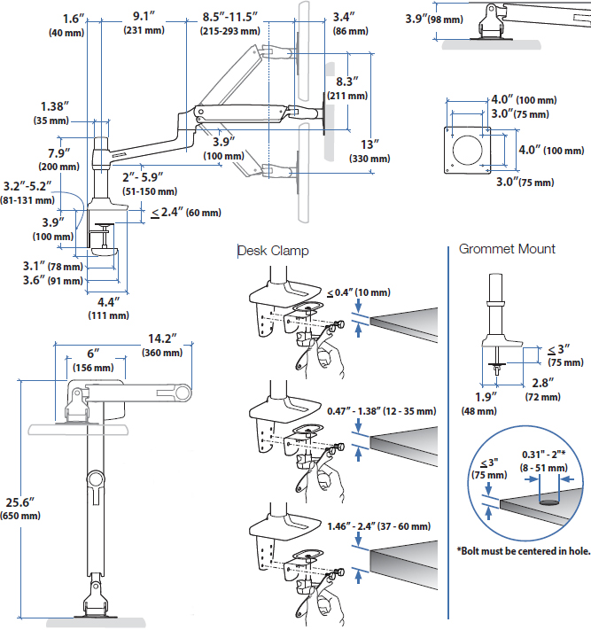 Technical drawing for Ergotron 45-241-026 LX Desk Mount Arm