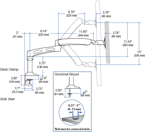 Dimensional Diagram for Ergotron 45-218-194 LX Dual Side by Side Arm