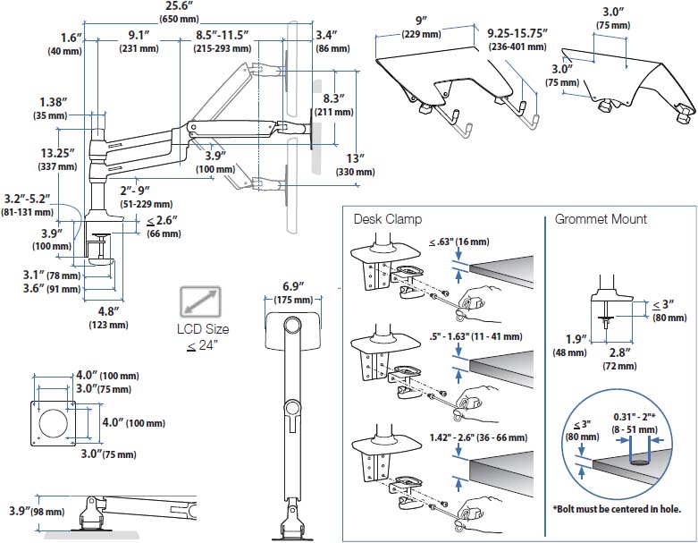 Technical drawing for Ergotron 45-248-026 LX Dual Stacking Arm