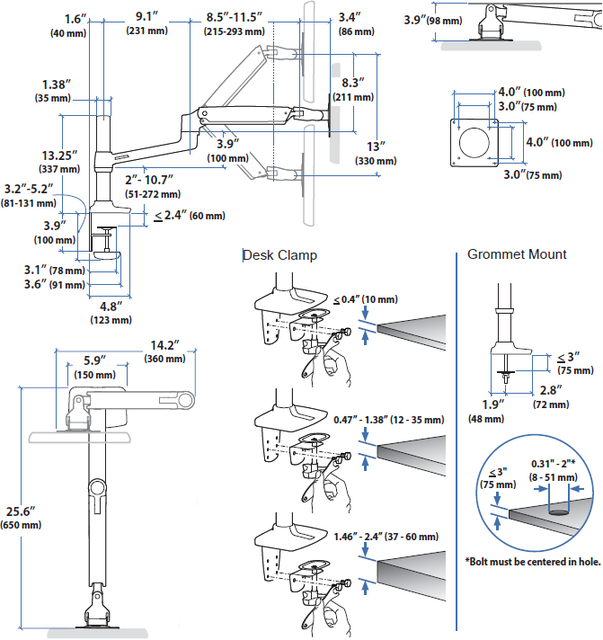 Technical Drawing of Ergotron LX Desk Mount Arm with Tall Pole