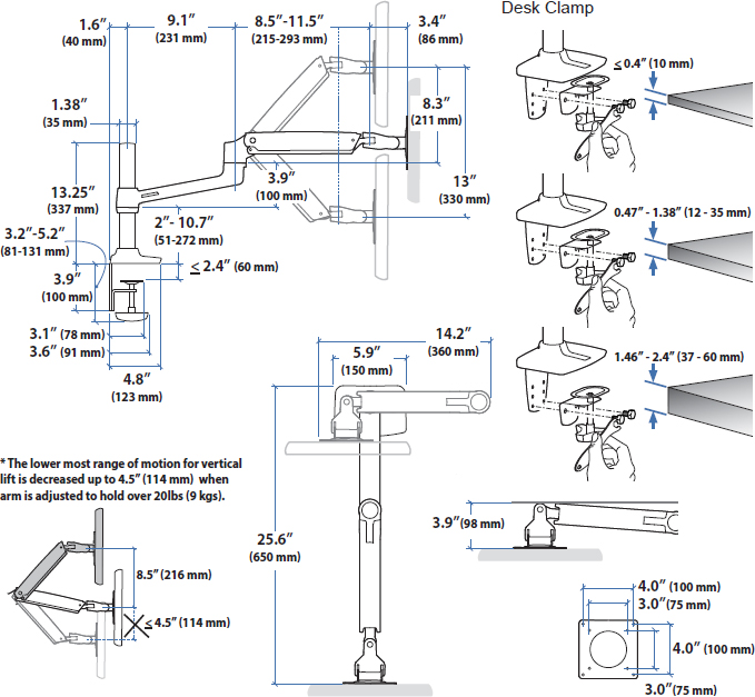 Technical Drawing for Ergotron 45-537-216 LX Desk Mount Monitor Arm, Tall Pole (white)