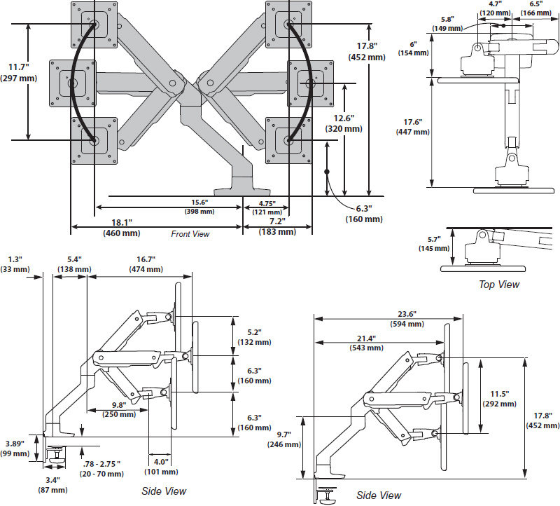 Technical drawing for Ergotron 45-475-216 HX Desk Mount Single Monitor Arm (white)
