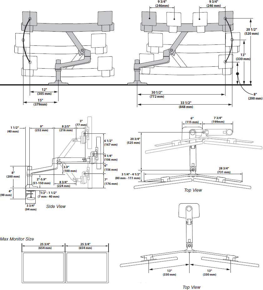 Technical drawing for Ergotron 45-489-026 LX Desk Mount Dual Direct Arm (polished aluminum)
