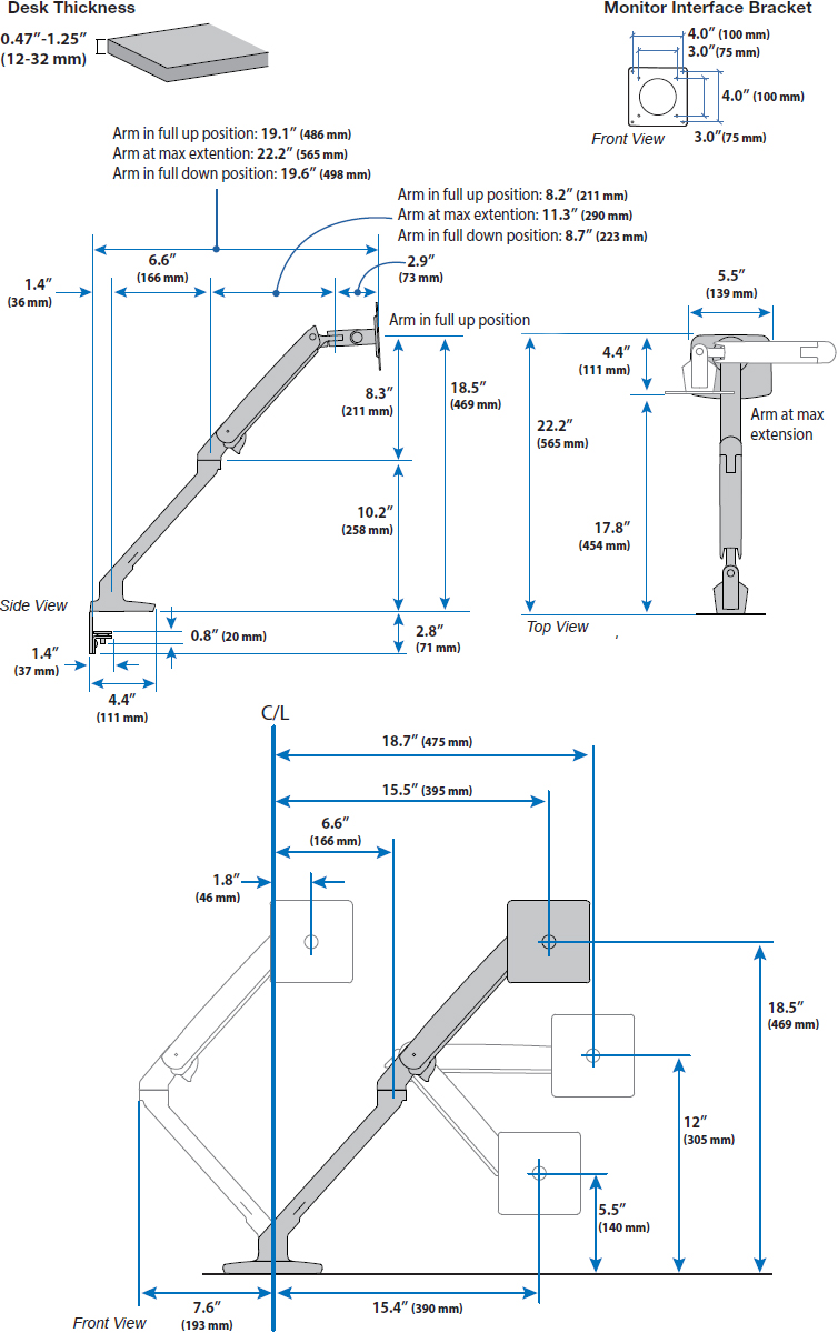 Technical Drawing for Ergotron 45-486-026 MXV Desk Mount LCD Monitor Arm (polished aluminum)