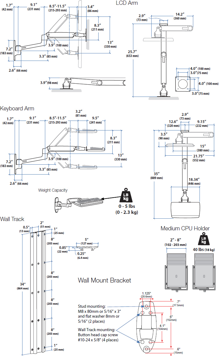 Technical Drawing for Ergotron 45-247-026 LX Wall Mount System