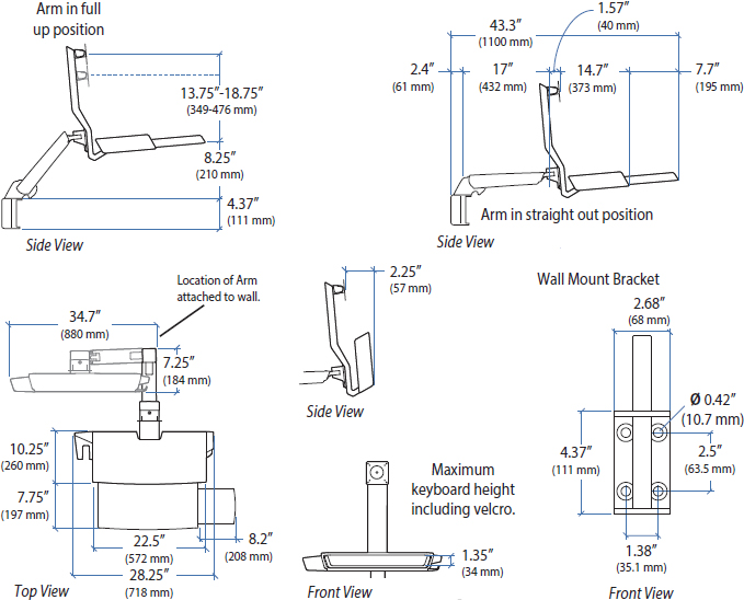 Technical Drawing for Ergotron 45-260-026 StyleView Sit-Stand Combo Arm with Worksurface