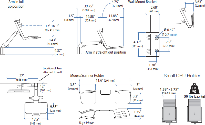 Technical Drawing for Ergotron 45-273-216 StyleView Sit-Stand Combo System (white)