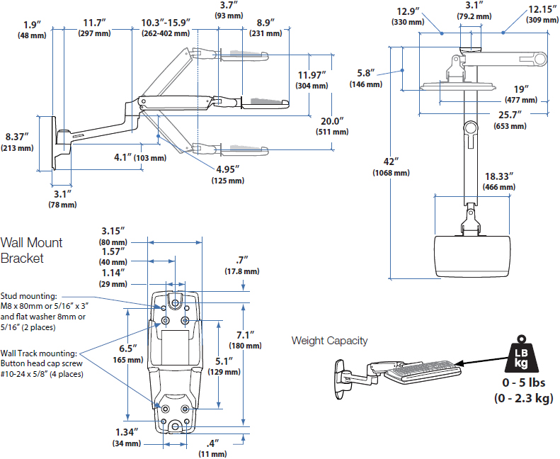 Technical drawing for Ergotron 45-354-026 LX Sit-Stand Wall Mount Keyboard Arm