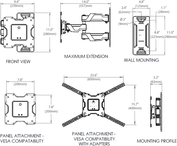 Technical Drawing for Ergotron 45-385-223 Neo-Flex Cantilever Wall Mount, VHD