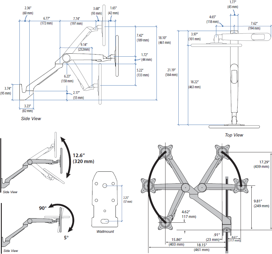 Technical drawing for Ergotron 45-437-026 MX Mini Wall Mount Monitor Arm