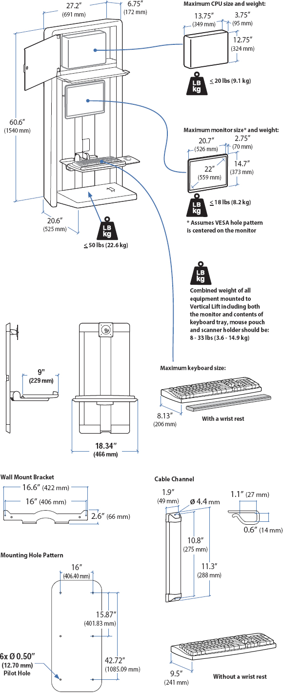 Technical Drawing for Ergotron 60-595-062 StyleView VL Enclosure