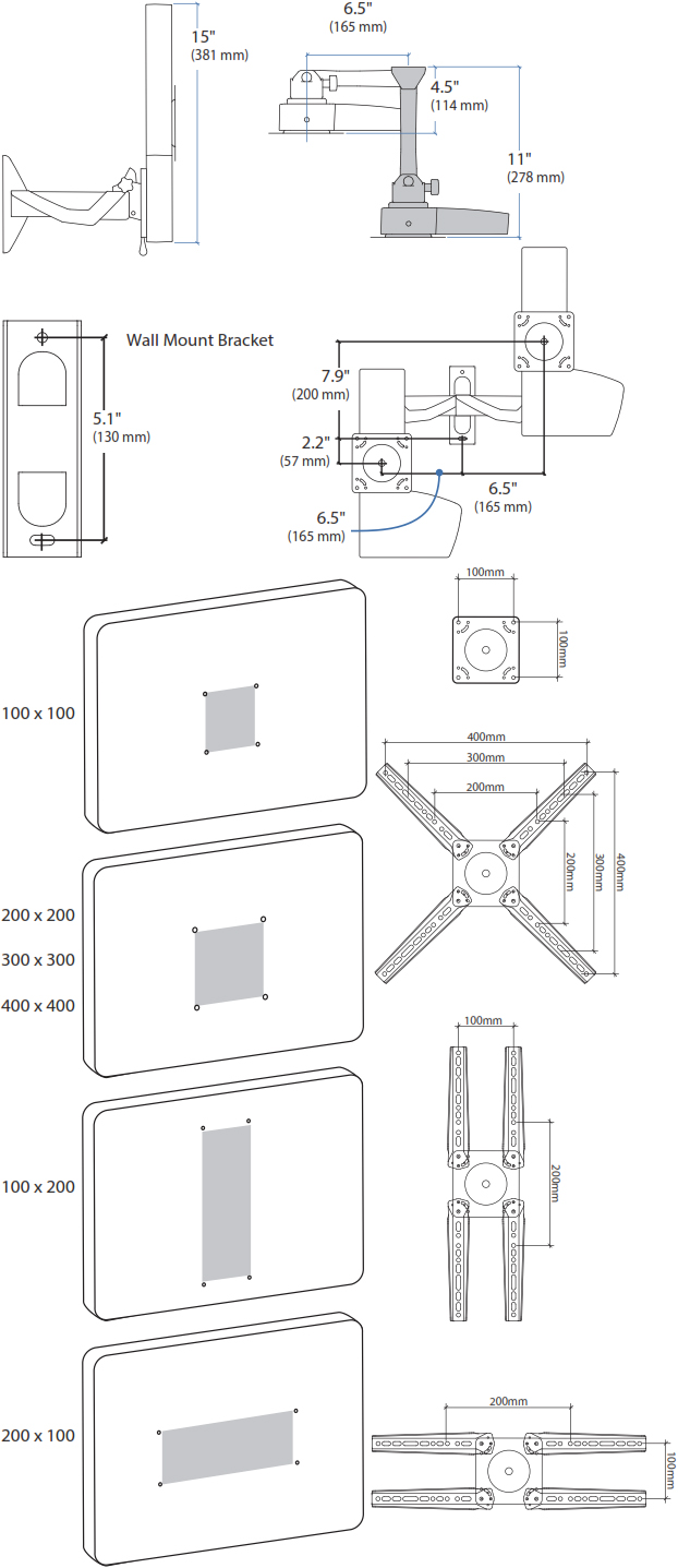 Technical drawing for Ergotron 61-113-085 Glide Wall Mount, LD-X