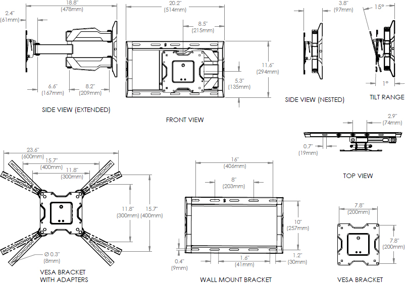 Technical Drawing for Ergotron 61-132-223 Neo-Flex Cantilever Wall Mount, UHD