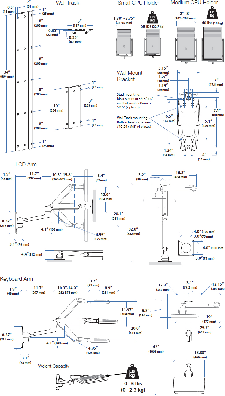 Technical Drawing for Ergotron 45-359-026 LX Sit-Stand Wall Mount System