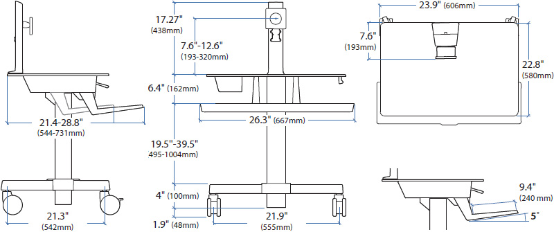 Technical Drawing for Ergotron 24-215-085 WorkFit-C, Single LD Sit-Stand Workstation