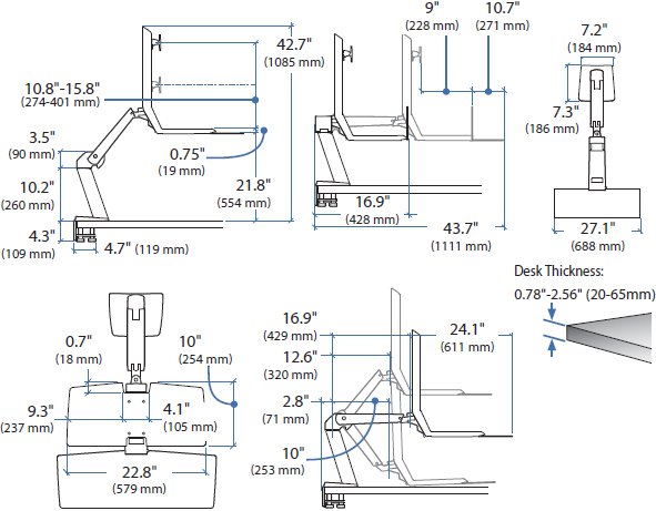 Technical Drawing for Ergotron 24-317-026 WorkFit-A, Single LD with Worksurface