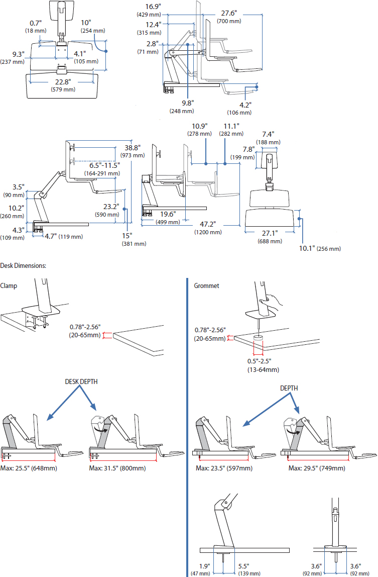 Technical Drawing for Ergotron 24-390-026 WorkFit-A LD Monitor Workstation with Keyboard