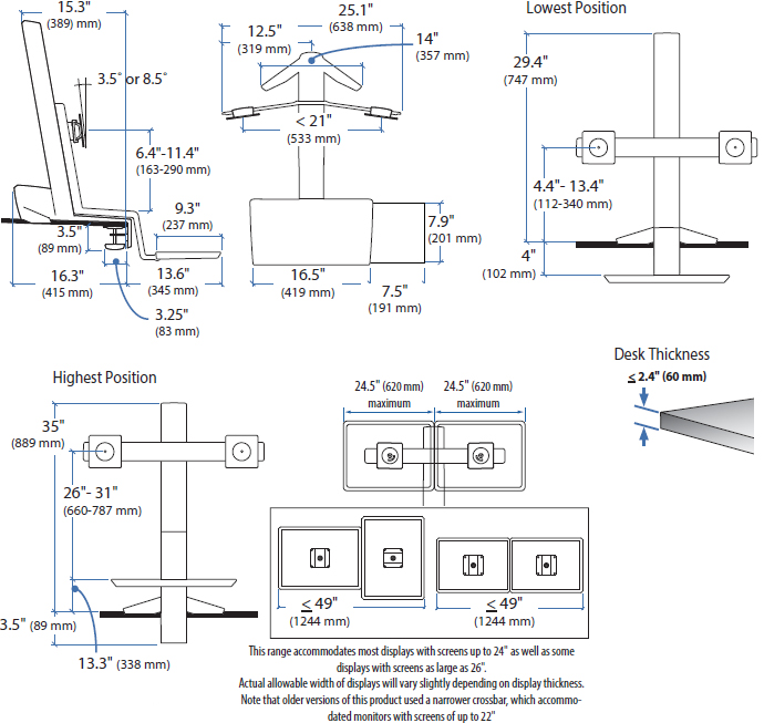 Technical drawing for Ergotron 33-341-200 WorkFit-S, Dual Monitor Sit-Stand Workstation