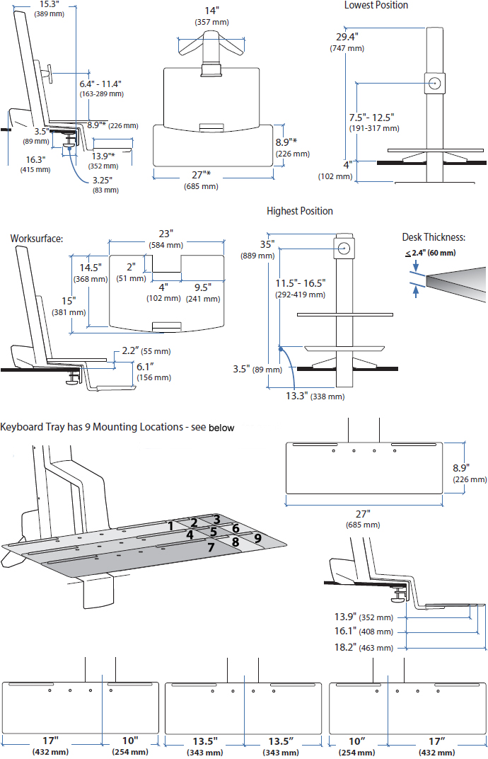 Technical Drawing for Ergotron 33-350-211 WorkFit-S, Single LD with Worksurface