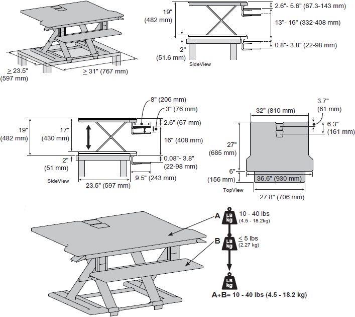 Technical Drawing for Ergotron 33-467-921 WorkFit-TX Standing Desk Converter