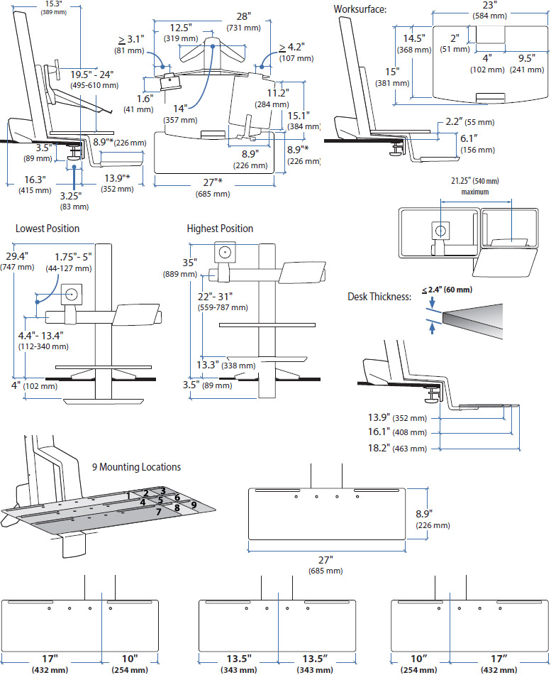 Technical drawing for Ergotron WorkFit-S, LCD & Laptop Workstation with Worksurface