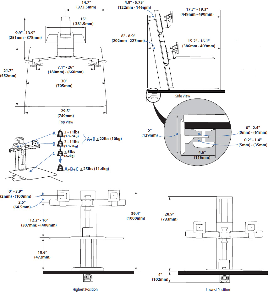 Technical Drawing for Ergotron 33-407-085 WorkFit-SR Rear Mount Dual Sit-Stand Workstation - Black