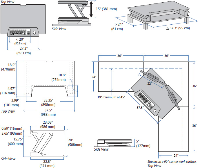 Technical drawing for Ergotron 33-406-085 WorkFit-TL Desktop Sit-Stand Workstation in Black