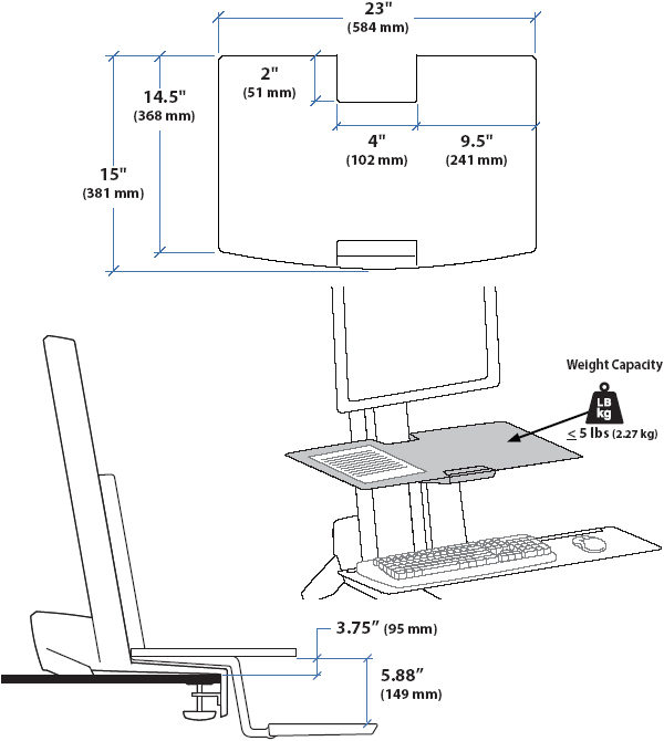 Technical Drawing for Ergotron 97-581-019 WorkFit-S Worksurface