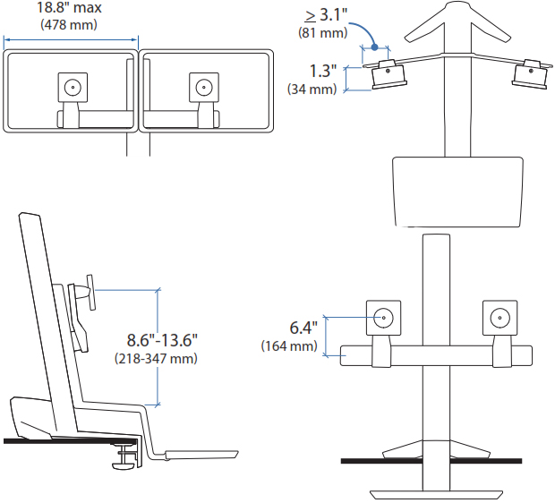 Technical drawing for Ergotron Tall User Kit for WorkFit Dual