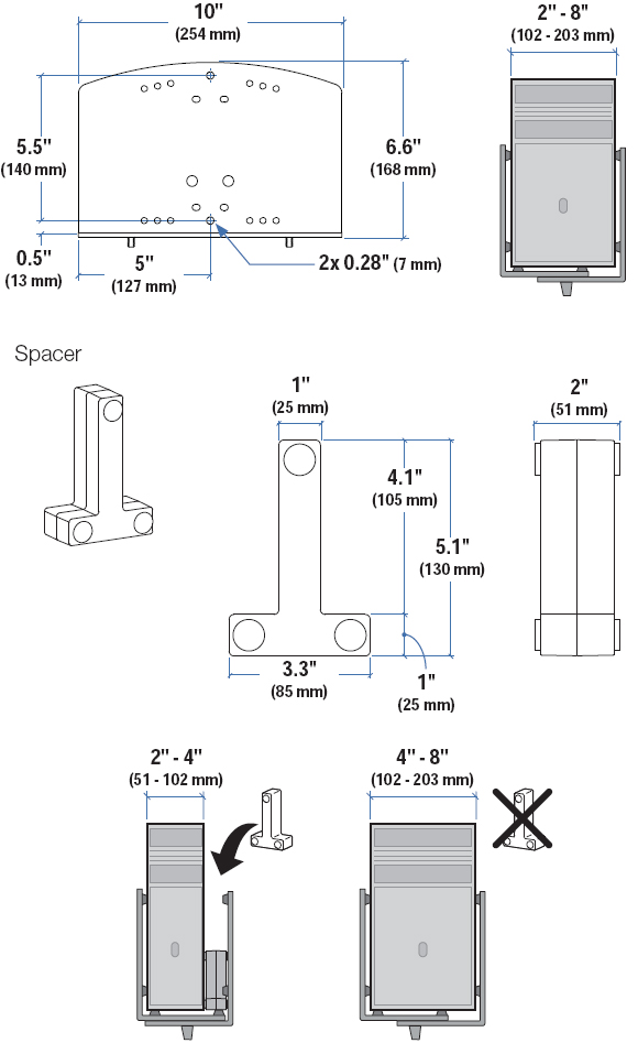 Technical Drawing for Ergotron Vertical Universal CPU Holder