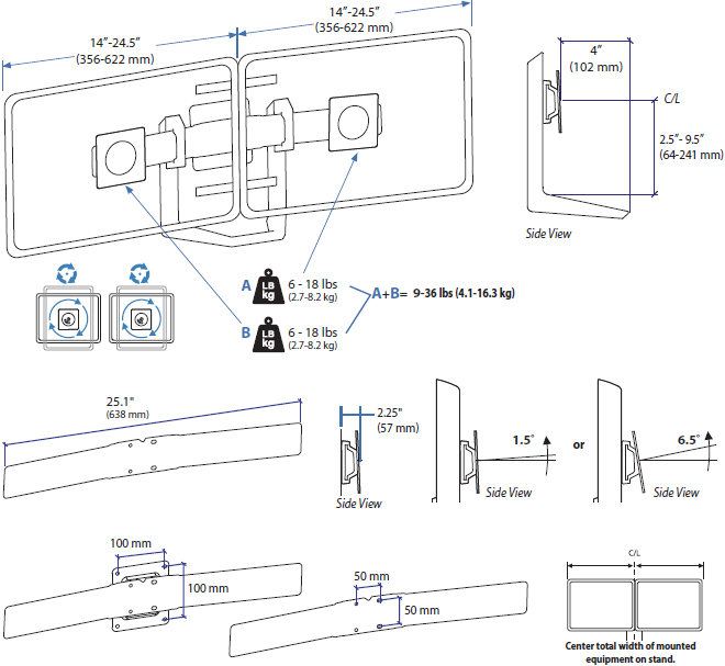 Technical Drawing for Ergotron 97-783 Dual Monitor and Handle Kit