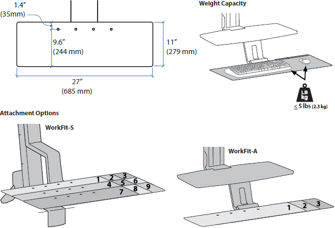 Technical drawing for Ergotron 97-897 Deep Keyboard Tray for WorkFit
