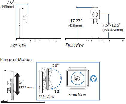 Technical drawing for Ergotron 97-906 WorkFit Single HD Monitor Kit