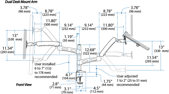 Dimensional Diagram for Ergotron LX Dual Desk Mount Arm