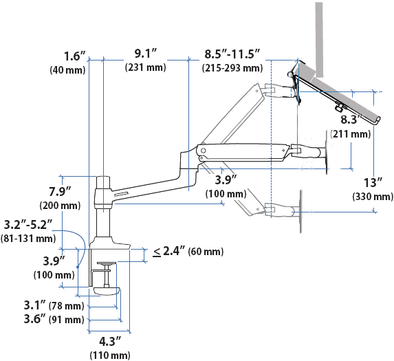 Technical Drawing for Ergotron LX Notebook Desk Mount Arm