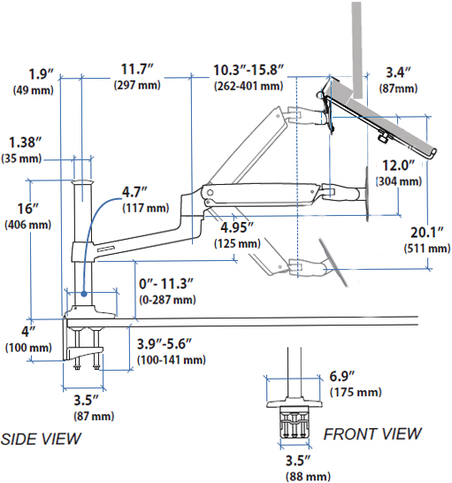 Technical drawing for Sit-Stand Desk Mount Laptop Arm, ErgoDirect ED-NB-LX2DM
