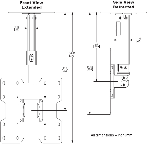 Technical Drawing for Peerless PC-932A LCD Ceiling Mount for 15"- 37" Screens