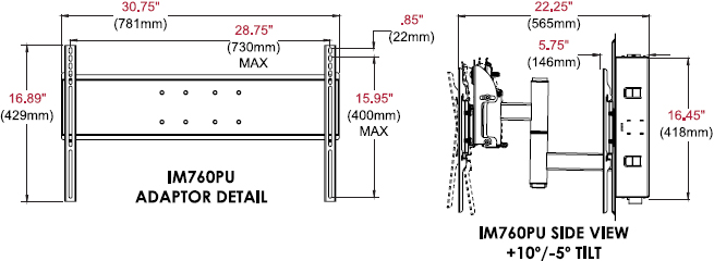 Technical drawing for Peerless IM760PU In-Wall Mount for 32"-71" Displays