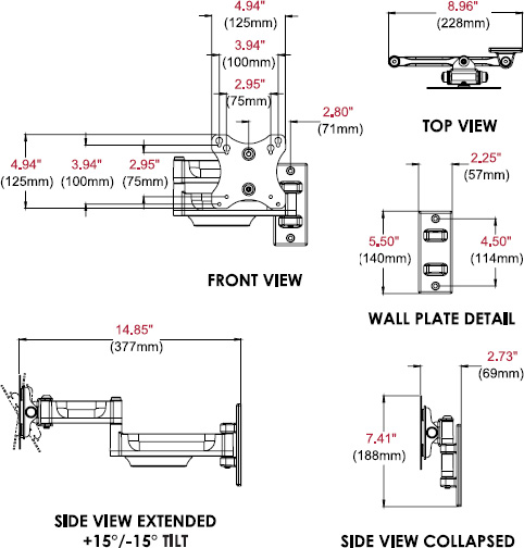 Technical drawing for 
Peerless PA730 Paramount Articulating Wall Mount, 10-29