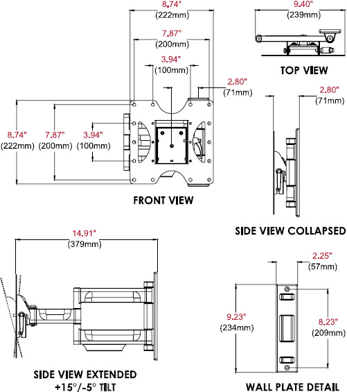 Technical drawing for 
Peerless PA740 Paramount Articulating Wall Mount, 22