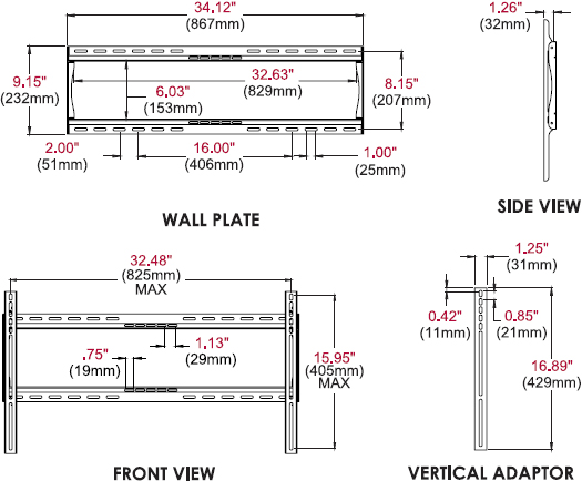 Technical drawing for Peerless PF660 Universal Flat Wall Mount for 39" to 90" Displays