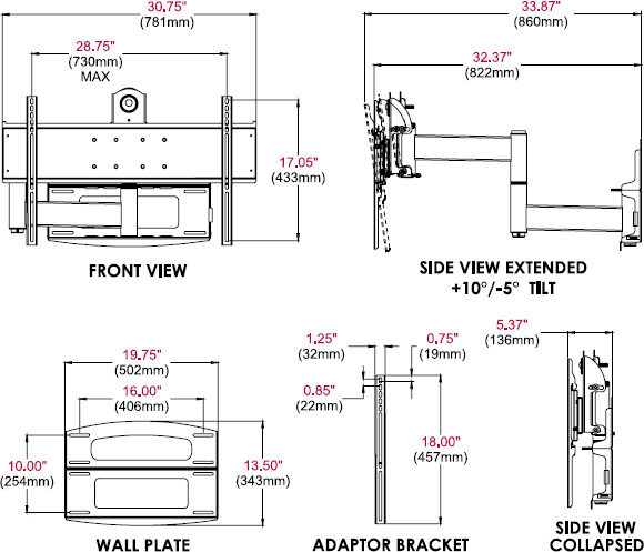 Technical drawing for 
Peerless PLAV60-UNL Universal Articulating Wall Arm, 37